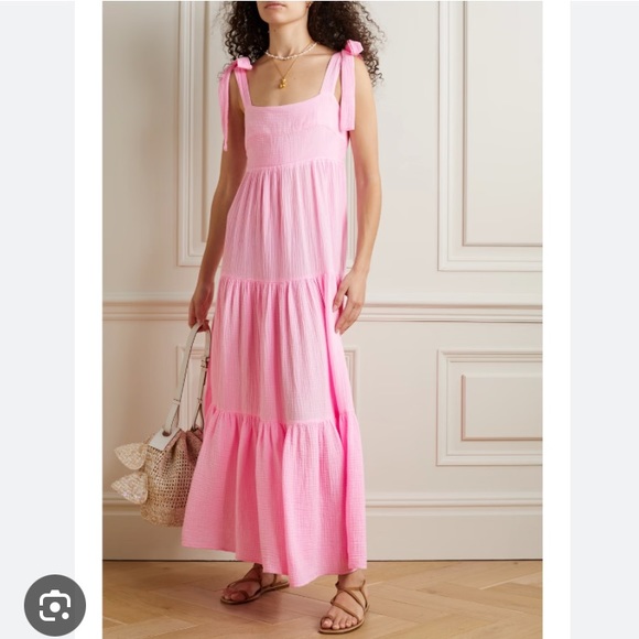 New: Mable Pink and White Tiered Maxi Dress. Smocked Back. Size Large - Picture 7 of 15